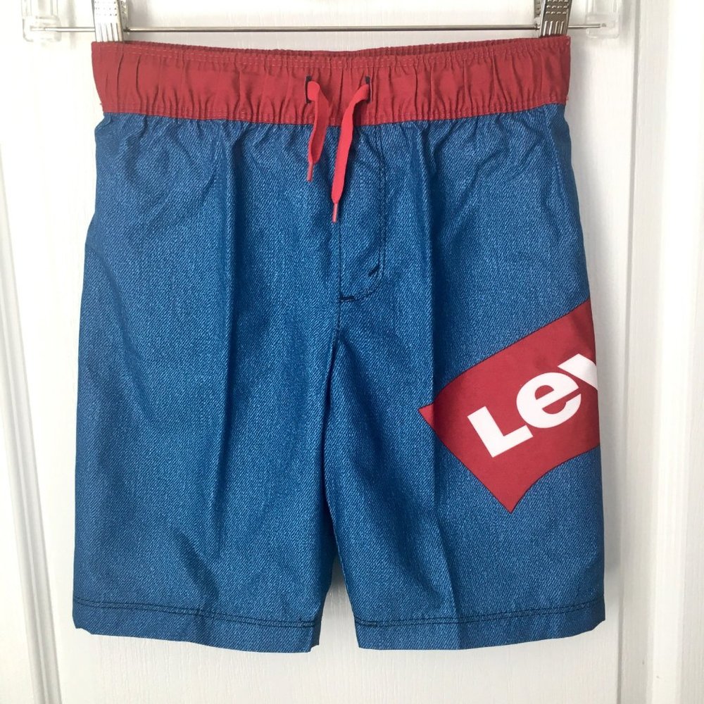 Levis Swimsuit Boys 6 Swim Trunks Blue Shorts with Red Logo
